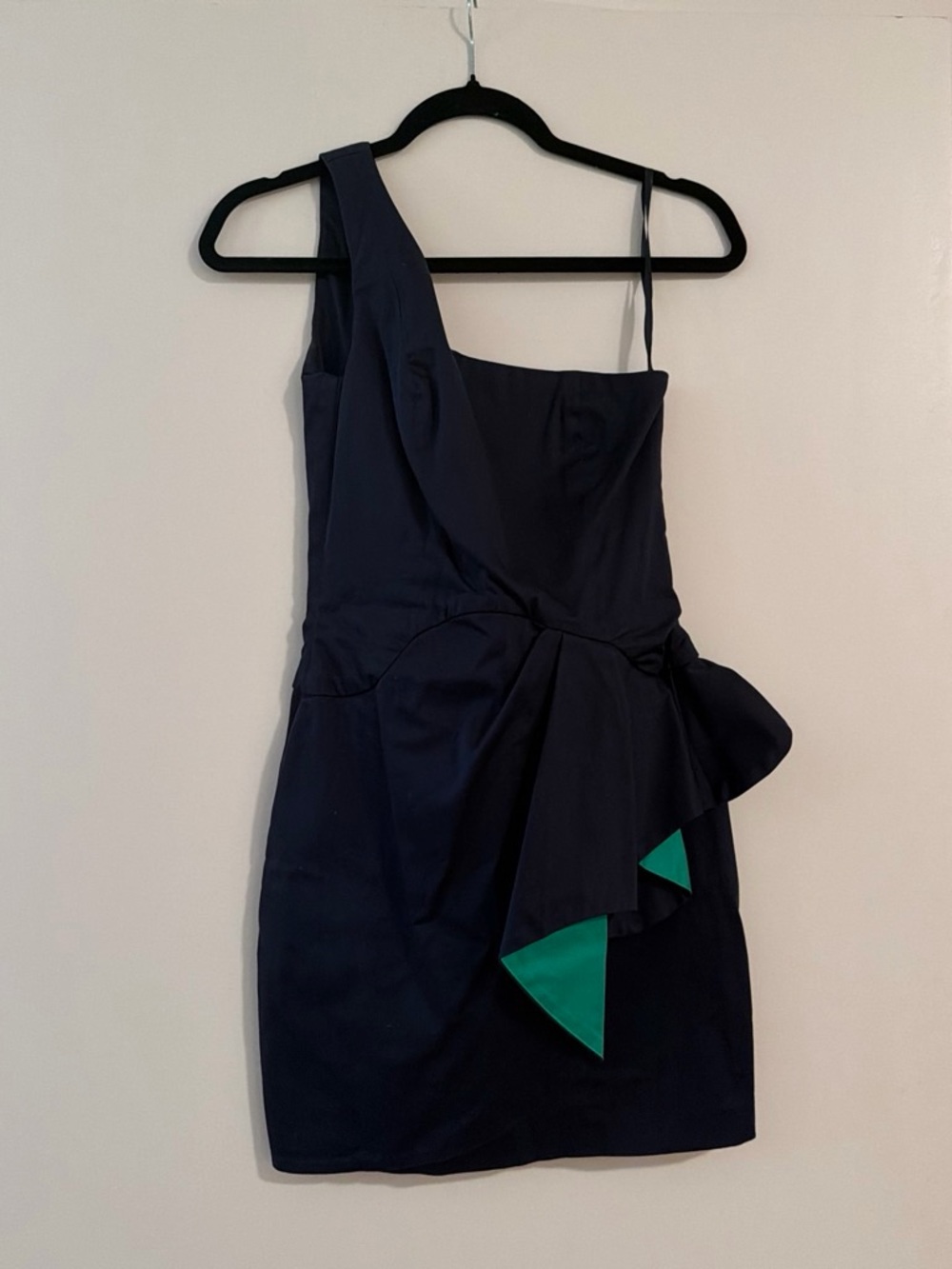 French Connection Navy One-Shoulder Dress with Emerald Accents